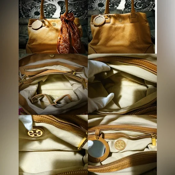 Vintage Y2K Tory Burch Tan soft Leather Tote handbag shoulder bag with scarf - Picture 10 of 17